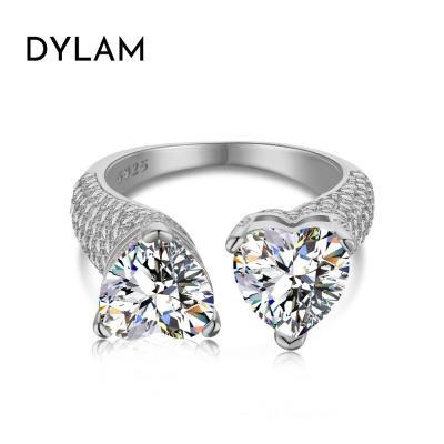 China Good CLASSIC Heart Shaped Silver Diamond Adjustable Two Stone Open Rings High Quality Zircon Rings Bling 925 Gemstone Dylam Plated Ring for sale