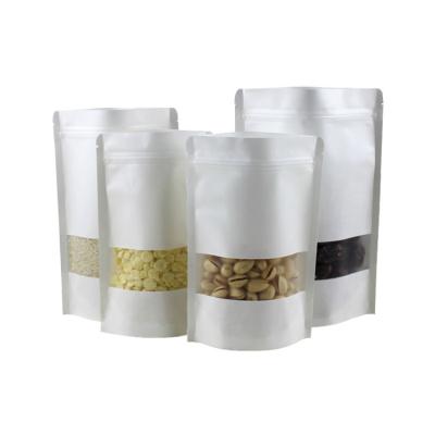 China Moisture Proof Resealable Zipper Stand Up Kraft Paper Pouches White Bags With Matte Window Heat Sealable Food Packaging for sale