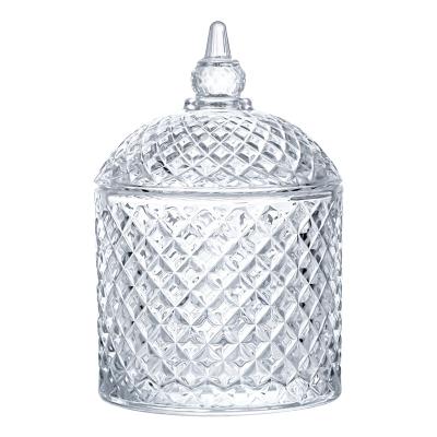 China Exquisite Transparent Wholesale Crystal Sugar Candy Jar Design Favors Vintage Style Vintage Castle Glass Jar With Lid For Party Wedding for sale