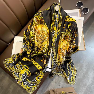 China Hot Selling 90*180 Print Classic Chain Style Satin Long Scarf Long Silk Beach Scarves for sale