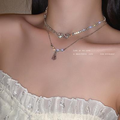 China 2022 New Fashion Trendy Crystal Heart Rhinestone Double Layer Chain Necklace fow women for sale