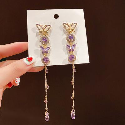 China 925 Trendy Trendy Diamond Butterfly Long Purple Silver Luxury Statement Drop Earrings for sale