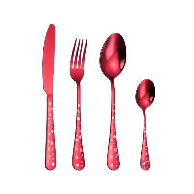 China Low MOQ Creative Red Logo Free Reusable Cutlery Set Viable Knife Fork Spoon Stainless Steel Flatware Set For Christmas Gift for sale