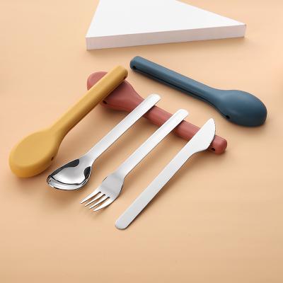 China New viable outdoor reusable portable stainless steel metal travel cutlery set flatware portable utensil with silicon case for camping for sale