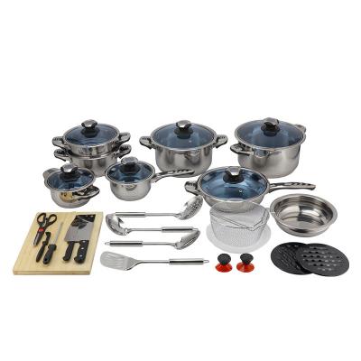 China Viable factory hot sale stainless steel cookware 25/30PCS cookware sets cookware flat bottom pot with blue glass covers for sale