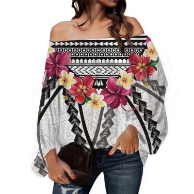 China Anti-pilling Newest Polynesian Tribal Tattoo With Hibiscus Design Womens Blouses And Shirts Sexy Off The Shoulder Chiffon Blouse Women Casual Tops for sale