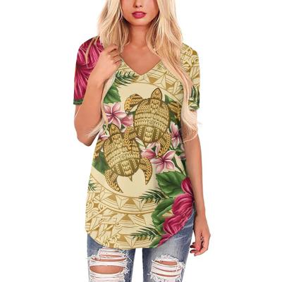 China QUICK DRY Trendy Casual Polynesian Tribal Turtle Print Summer Women's Plumeria Print Hawaiian Short Sleeve T-Shirts For Women Tees for sale