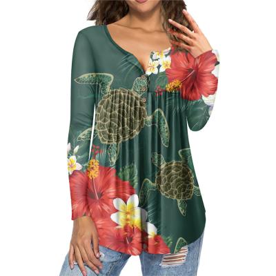 China QUICK DRY High Quality Turtle Print Tribal T-Shirt For Women Hawaii Elegant Flower Design Long Sleeve Tops Stitch V-Neck T-Shirts Most Custom Made for sale