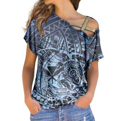 China Designer Polynesian Tribal Prints QUICK DRY T Shirts For Women Novelty Ladies Summer Female Tops Stitch Oblique Neck Strapless Short Sleeve for sale