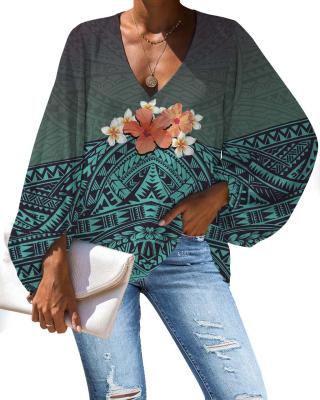 China Breathable Black Polynesian Brown Tribal Hibiscus Print Women Blouses Main 2021 Elegant Ladies Spring Shirts Summer Long Sleeve Chiffon for sale