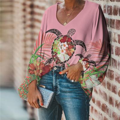 China Breathable Pink Polynesian Sea Turtle Tribal Print Tops Womens Blouses Mixed Color Ladies Blouse Oversized Shirts Unique Lantern Sleeve for sale