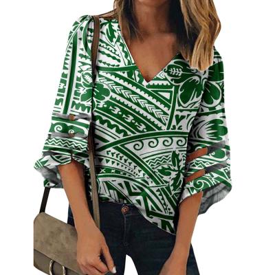 China Breathable Colorful Polynesian Tribal Printed Short Sleeve Shirts For Women Summer Floral 3/4 Sleeve Bell Chiffon Blouses Style Tops for sale