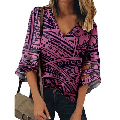 China Fancy Polynesian Tribal Women's Breathable Blouses Tops V Neckline Mesh Panel Shirt 3/4 Bell Sleeve Short Sleeve For Ladies Chiffon Blouses for sale