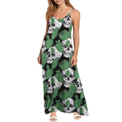 China Classic Breathable Sugar Skull Print Sun Floral Dresses For Women Summer Elegant Sexy Slip Dress Lady Sleeveless Casual Maxi Dress Clothes for sale