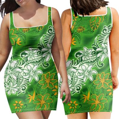 China Hawaiian Anti-Static Tapa Dress Tribal Print Women Green 2022 Girls Sleeveless Bodycon Dress Mini Evening Dresses Sexy Casual Summer Fashion for sale