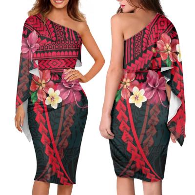 China Vintage Anti-Static Dresses For Women One Side Sleeve Slim Ruffled Ladies Midi Dresses Polynesian Printed Casual Girls Club Elegant Dress for sale