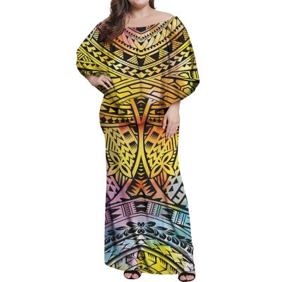 China Anti-Static Vintage Polynesian Women Shoulder Sexy Dress Ruffle Sleeve Custom Casual Wear For Girls Fashionable Maxi Long Ladies Dress for sale