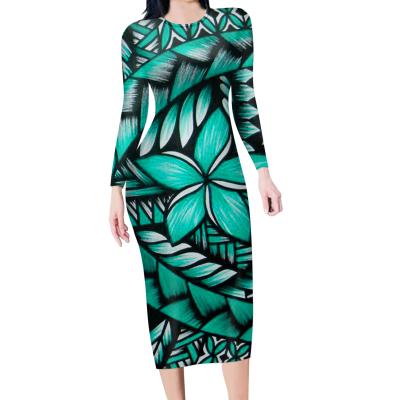 China Lady Casual Dresses Plumeria Print Women Bodycon Breathable Sexy Polynesian Tribal Long Sleeve Dress For Club Party Plus Size 3XL for sale