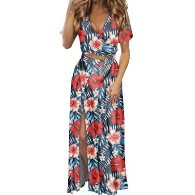 China Sexy Breathable Floral Dress And Skirt Hawaii Style For Women Lady Fashionable Summer High Side Split Dresses And Crop Top Set for sale