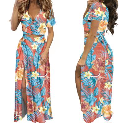 China Tropical Women's Hawaiian Beach Leaves Elegant Floral Print Breathable Summer Dress High Split Long Dresses And Trims 2 Piece Set for sale