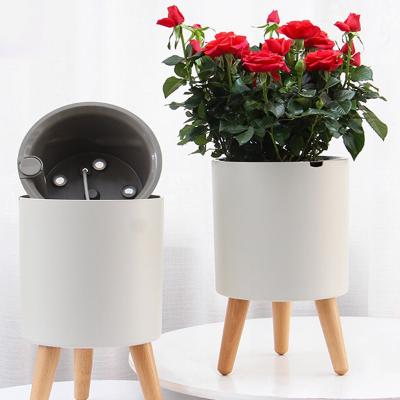 China Custom Made Eco-friendly Smart Planter Mat Cactus Flower Stand White Succulent Plant Pots With Wood Tray for sale