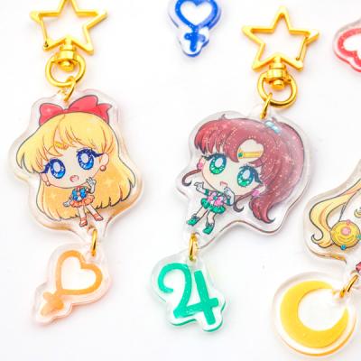 China Anime Eco-Friendly Acrylic Hologram Glitter Hologram Key Chain Custom Acrylic Key Chain Charms for sale