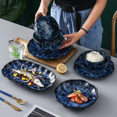 China Sustainable Eco-Friendly Luxurious Fancy Blue Ceramic Dishes Retro Sets Dinnerware Porcelain Dishes Sets Ceramic Dinnerware for sale