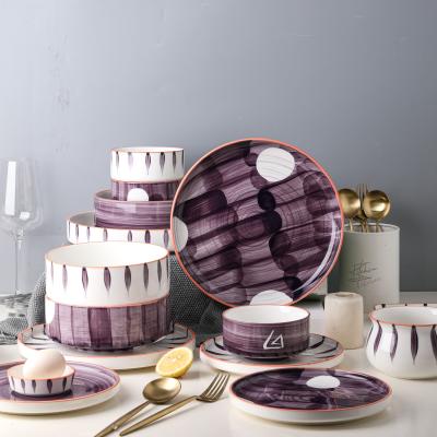 China New Viable Luxury Glazed Dishes 24pcs Bone China Purple Dinnerware Sets Serving Dishes Customized Dinner Set for sale