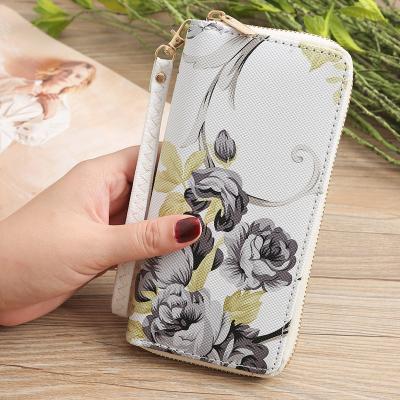 China Simple Women's Rose Print Wallet Long Handbag Fashion Zipper Clutch Bag Multi-card Wallet Purse Leather Card Holder for sale