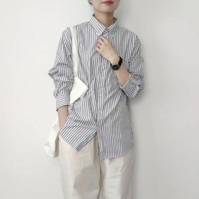 China Breathable Stripe Turn Down Collar Long Sleeve Extended Cotton Spandex Casual Soft Vintage Cuff Blouse for sale