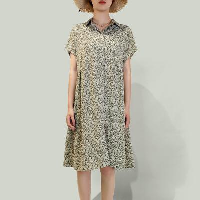 China Floral Dress Anti-Static Short Sleeve Knee Length Button Down Turn-Down Collar for sale