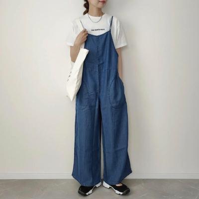 China Anti-wrinkle lady denim overalls cotton jeans blue pockets washed causal style for sale