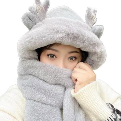 China Keep Warm Autumn Winter Three Piece Hand Fur One Piece Scarf Dragon Horn Hat Winter Women Warm Hooded Cute Winter Jacket Ties Set. for sale