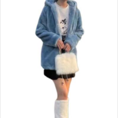 China Anti-wrinkle women's fur coat women's medium loose imitation rabbit hair hood long thickened 2023 winter new plush coat cocoon type for sale