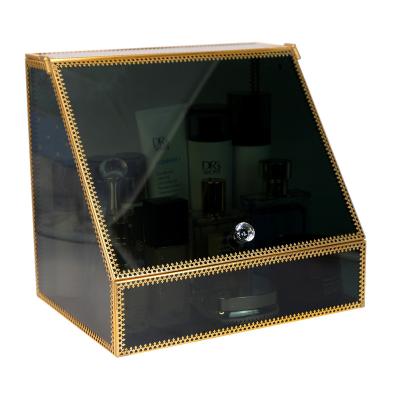 China Large Capacity Dustproof Dressing Table Flip Cosmetics Tempered Glass Stored Transparent Storage Box Skin Care Products for sale