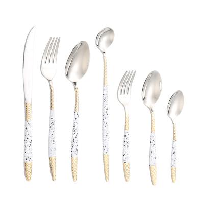 China Wholesale new viable gold handle stainless steel flatware knife fork spoon can be reused 7 sets of wedding restaurant tableware for sale