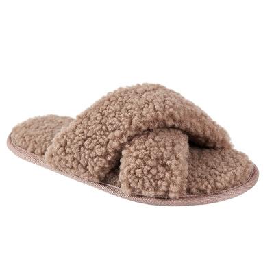 China Soft Fuzzy Fur Cross Band Open Toe Indoor Outdoor Slippers Cozy Bedroom Slippers Anti-Slip Anti-Smell Women's Plush Bedroom Slippers for sale