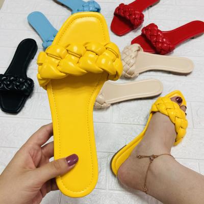 China Anti-slippery Woven Braid Flat Strap Sandal Leather Slippers For Lady Summer Spring Shoes for sale