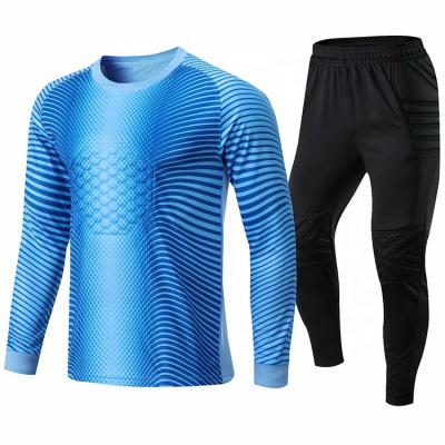 China New Design Soccer Goalie Breathable Quick Dry Goalie Jersey Blue Goalie Shirt With Pant Knee Padded Protective Goalie Uniform Adding Your Logo for sale