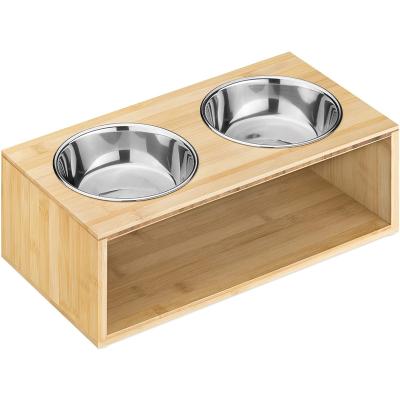 China Sustainable Wooden Bamboo Pet Smart Feeder Raised Rack Raised Bent Small Cats Acrylic Bowls for sale