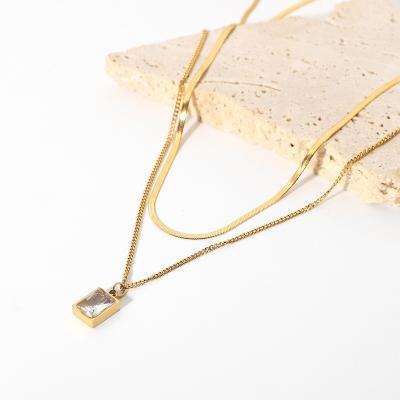 China Wholesale Hypoallergenic Crystal Zircon Pendant Golden Chain Jewelry Gift 18K Gold Plated Square Charm Stainless Steel Necklace for sale