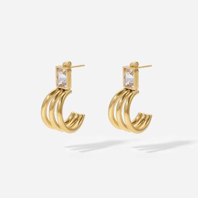 China Hypoallergenic Multilayer 18k Gold Plated Cubic Zircon Crystal Earrings Stainless Steel Earrings Wand Studs for sale