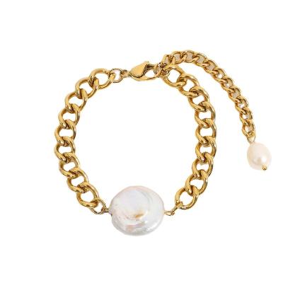 China Chunky Pearl Gold Cuban Chain Men's Hypoallergenic Stainless Steel Bracelet 18k Gold Plated Bracelet Women for sale