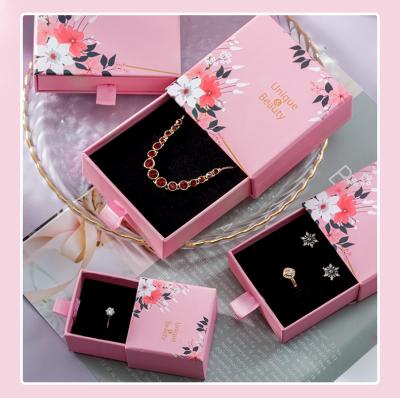 China Recycled Materials Wholesale Custom Logo Jewelry Packaging Box Drawer Ring Earring Bracelet Rose Necklace Rose Black Cardboard Paper Jewelry Box for sale