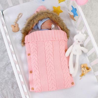 China Multifunctional Hot Selling Cotton Baby Stroller Pink Knitted Newborn Sleeping Bag Breathable With Fur Collar for sale