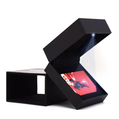 China Customized Wholesale Handcrafted Wedding Black Leather Flat Drawer Packaging Jewelry Boxes Led Lighted Ring Box for sale