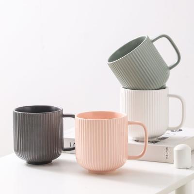 China Wholesale Sustainable Vintage Green Gray White Glazed Unique Stripe Ceramic Coffee Mug 12oz for sale