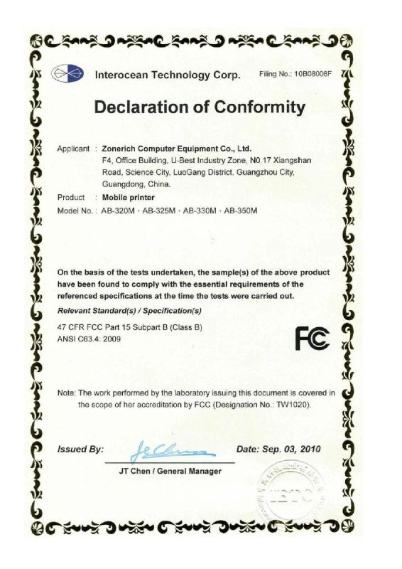 FCC Certificate - GUANGZHOU ZONERICH BUSINESS MACHINE CO.,LTD