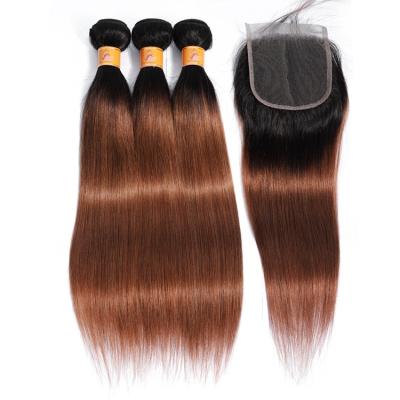 China 1B/30# Ombre Silky Straight Unprocessed Straight Hair Brazilian Hair Weave Wave Hair Bundles With Closure for sale