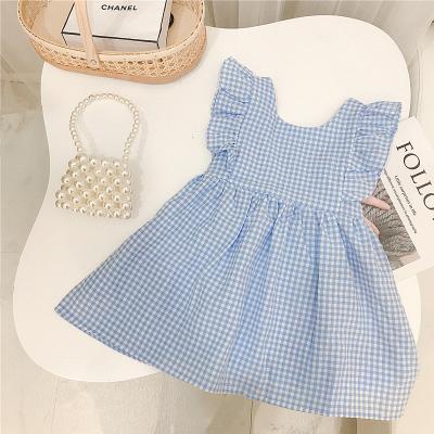 China 2021 Summer Breathable Girls Dress Lovely Short Blue Plaid Lace Up Baby Sleeve Princess Dress for sale